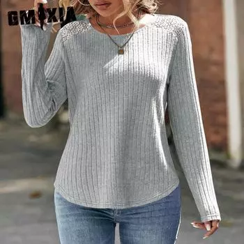 GMXIA женские модные повседневные осенне-зимние однотонные блузки и рубашки с круглым вырезом и длинными рукавами с принтом S серый