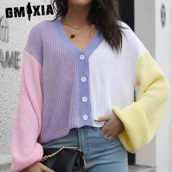 GMXIA женские модные повседневные осенне-зимние свободные свитера с длинным рукавом и v-образным вырезом S красный