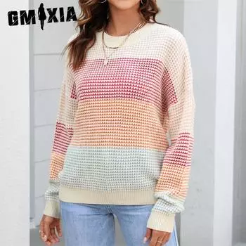 GMXIA женские модные повседневные осенне-зимние свободные свитера с длинным рукавом и круглым вырезом S белый
