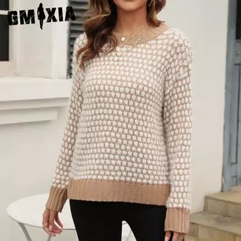 GMXIA женские модные повседневные осенне-зимние свободные свитера с длинным рукавом и круглым вырезом S чёрный