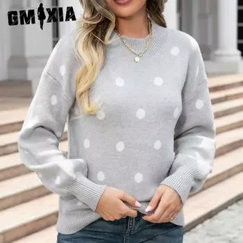 GMXIA женские модные повседневные осенне-зимние свободные свитера с длинным рукавом и круглым вырезом S серый