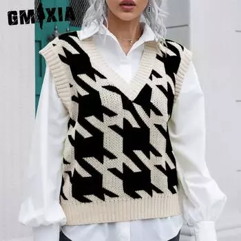 GMXIA Женские модные повседневные осенне-зимние вязаные жилеты без рукавов с v-образным вырезом S чёрный