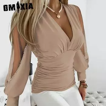 GMXIA женские модные повседневные осенние однотонные свободные блузки и рубашки с длинными рукавами и v-образным вырезом с принтом