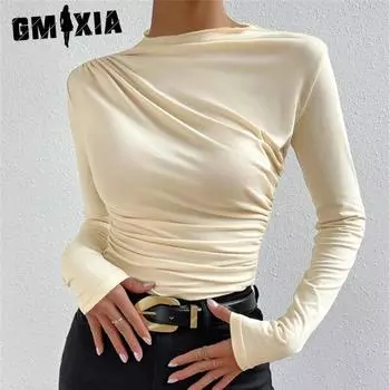 GMXIA женские модные повседневные осенние однотонные водолазки с длинными рукавами и принтом, блузки и рубашки XS абрикосовый