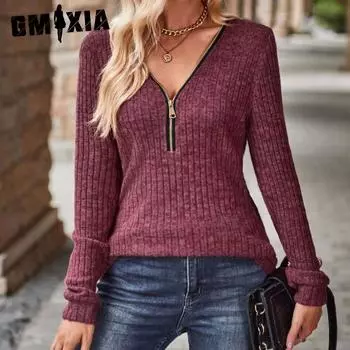GMXIA женские модные повседневные осенние шерстяные рубашки на молнии с однотонным принтом и длинным рукавом с v-образным вырезом, свободные блузки и рубашки S бордовый