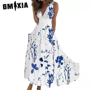 GMXIA Женские модные повседневные платья с цветочным принтом, сексапильные весенне-летние платья без рукавов с v-образным вырезом и высокой талией S