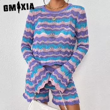 GMXIA женские модные повседневные полосатые принты весенне-осенние свободные свитера с длинными рукавами и круглым вырезом костюм из двух предметов S оранжевый