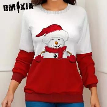 GMXIA женские модные повседневные рождественские принты с принтом на плечах, свободные футболки и топы с круглым вырезом и длинными рукавами на осень и зиму S