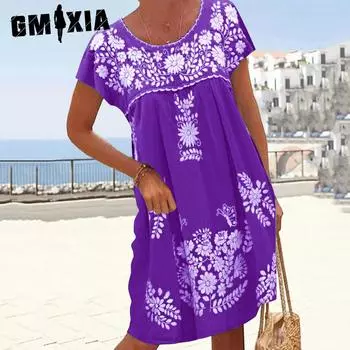 GMXIA женские модные повседневные свободные платья с короткими рукавами и круглым вырезом от плеча до плеча с цветочным принтом S зелёный