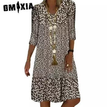 GMXIA Женские модные повседневные свободные платья с коротким рукавом и v-образным вырезом с цветочным принтом S коричневый