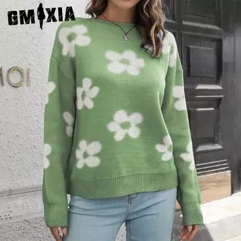 GMXIA женские модные повседневные свободные свитера с цветочным принтом осень-зима с длинным рукавом и круглым вырезом S зелёный