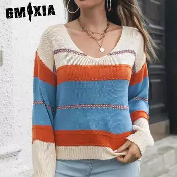 GMXIA Женские модные повседневные свободные свитера с v-образным вырезом и v-образным вырезом на осень и зиму в полоску с принтом S темно-синий