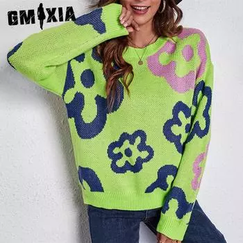 GMXIA женские модные повседневные свободные свитера с цветочным принтом, осень-зима, с длинным рукавом, полуводолазка