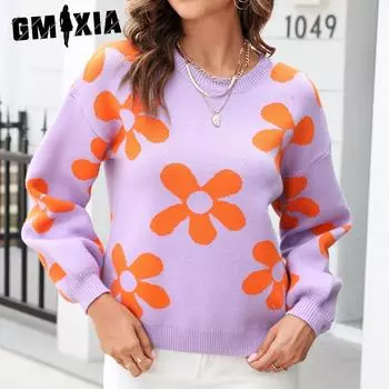 GMXIA женские модные повседневные свободные свитера с цветочным принтом осень-зима с длинным рукавом и круглым вырезом S абрикосовый