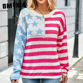 GMXIA женские модные повседневные свободные свитера в полоску с принтом осень-зима с длинным рукавом и круглым вырезом S красный