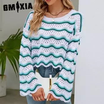 GMXIA женские модные повседневные свободные свитера в полоску с принтом осень-зима с длинным рукавом и круглым вырезом S зелёный
