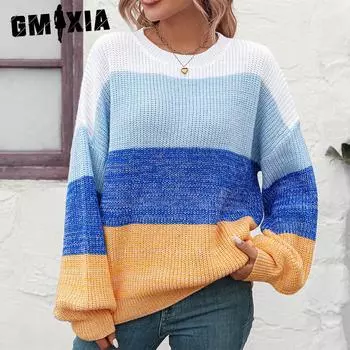 GMXIA женские модные повседневные свободные свитера в полоску с принтом осень-зима с длинным рукавом и круглым вырезом S зелёный