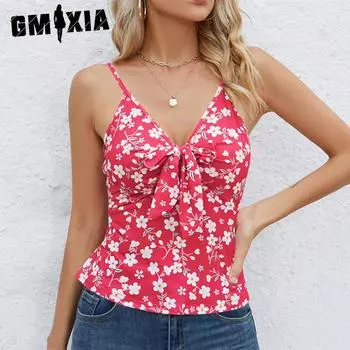 GMXIA женские модные повседневные топы без рукавов с подтяжками и цветочным принтом S жёлтый