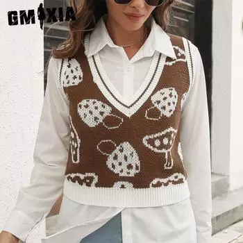 GMXIA женские модные повседневные трикотажные жилеты без рукавов с v-образным вырезом и принтом грибов на осень и зиму S чёрный