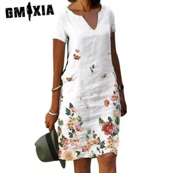 GMXIA Женские модные повседневные узкие платья с коротким рукавом и v-образным вырезом с цветочным принтом