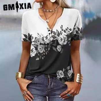 GMXIA Женские модные повседневные весенне-летние свободные футболки и топы с короткими рукавами и v-образным вырезом S чёрный
