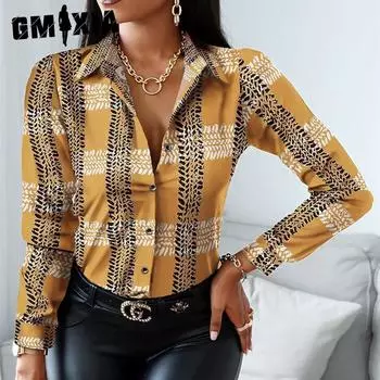 GMXIA Женские модные повседневные весенне-осенние блузки и рубашки с длинным рукавом с воротником-поло