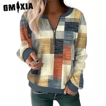 GMXIA Женские модные повседневные весенне-осенние клетчатые блузки и рубашки с длинными рукавами и v-образным вырезом с принтом XXL