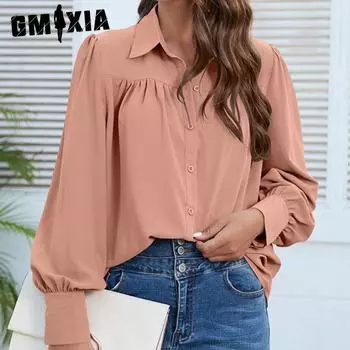 GMXIA женские модные повседневные весенне-осенние однотонные свободные блузки и рубашки с длинными рукавами и воротником-стойкой с принтом S оранжевый