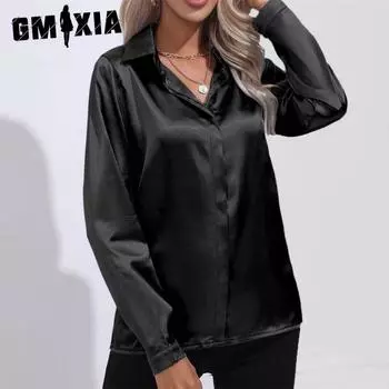 GMXIA женские модные повседневные весенне-осенние однотонные рубашки-поло с длинным рукавом и принтом, блузки и рубашки S белый