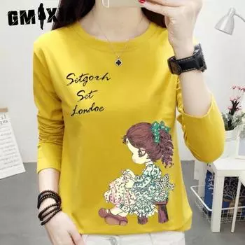 GMXIA женские модные повседневные весенне-осенние однотонные свободные футболки и топы с длинными рукавами и круглым вырезом с принтом M