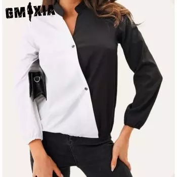 GMXIA женские модные повседневные весенне-осенние однотонные блузки и рубашки с v-образным вырезом и длинными рукавами с принтом S белый