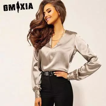 GMXIA женские модные повседневные весенне-осенние однотонные блузки и рубашки с v-образным вырезом и длинными рукавами с принтом S красный