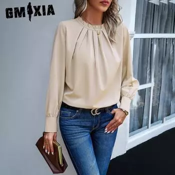 GMXIA Женские модные повседневные весенне-осенние однотонные блузки и рубашки с круглым вырезом и длинными рукавами с принтом S бордовый