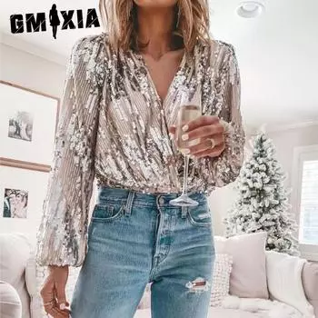 GMXIA женские модные повседневные весенне-осенние однотонные блузки и рубашки с v-образным вырезом и длинными рукавами с принтом S