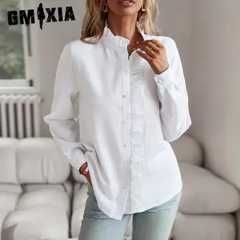 GMXIA Женские модные повседневные весенне-осенние однотонные блузки и рубашки с круглым вырезом и длинными рукавами с принтом S белый