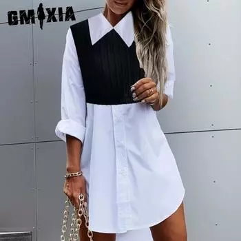 GMXIA Женские модные повседневные весенне-осенние свободные блузки и рубашки с длинными рукавами и v-образным вырезом с принтом S белый