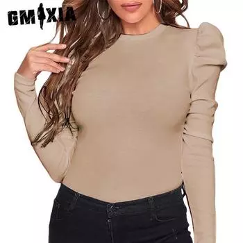 GMXIA женские модные повседневные весенне-зимние однотонные узкие блузки и рубашки с круглым вырезом и длинными рукавами с принтом S хаки