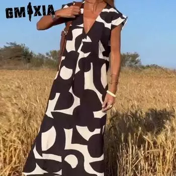 GMXIA Женские модные повседневные женские платья без рукавов с v-образным вырезом и высокой талией S чёрный