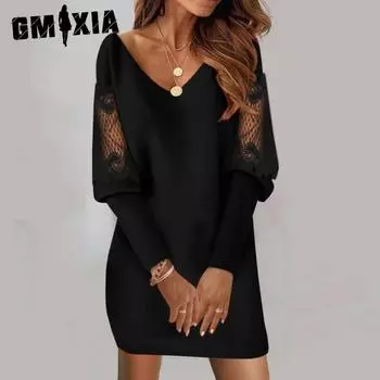 GMXIA Женские модные весенне-осенние однотонные повседневные платья с длинным рукавом и v-образным вырезом с принтом