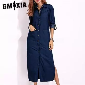 GMXIA Женские модные весенне-осенние однотонные повседневные платья с длинными рукавами и воротником-поло с принтом S синий