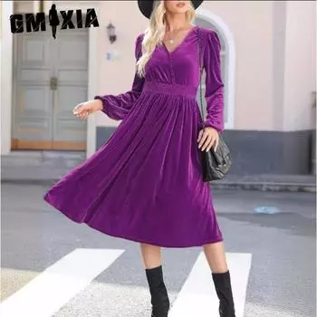 GMXIA Женские модные весенне-осенние однотонные повседневные платья с длинным рукавом и v-образным вырезом с принтом S фиолетовый
