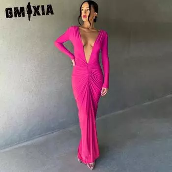 GMXIA Женские модные весенне-осенние однотонные повседневные платья с длинным рукавом и v-образным вырезом с принтом S чёрный