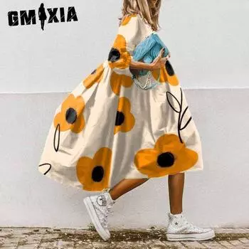 GMXIA Женские модные весенне-осенние повседневные платья с длинным рукавом и круглым вырезом с цветочным принтом