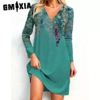 GMXIA Женские модные весенне-осенние повседневные платья с длинным рукавом и v-образным вырезом с цветочным принтом S розовый