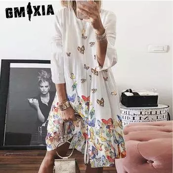 GMXIA Женские модные весенне-осенние повседневные платья с длинным рукавом и круглым вырезом