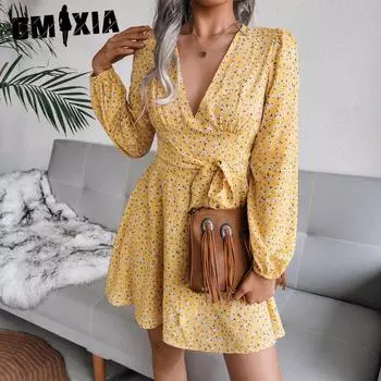 GMXIA Женские модные весенне-осенние повседневные платья с длинным рукавом и v-образным вырезом, тонкие повседневные платья с цветочным принтом