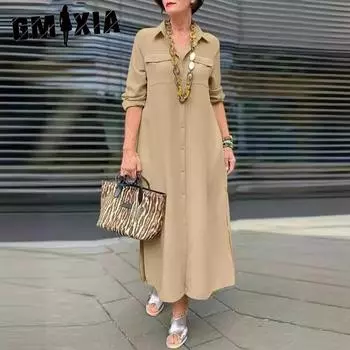 GMXIA Женские Новые Элегантные Однотонные Платья с Длинным Рукавом на Пуговицах с Воротником ПОЛО Большого Размера S хаки