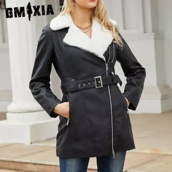 GMXIA Женские однотонные принтованные и флисовые кожаные женские лацканы с двойной молнией Теплые осенне-зимние куртки и пальто с длинным рукавом S чёрный
