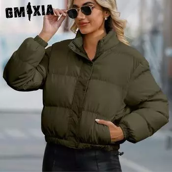 GMXIA Женские однотонные принтованные куртки и пальто с высоким воротом и длинным рукавом на осень-зиму S чёрный