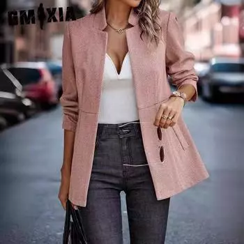 GMXIA Женские однотонные принтованные облегающие куртки и пальто с воротником-поло из ткани Commuter Fabric осень-зима с длинным рукавом S синий